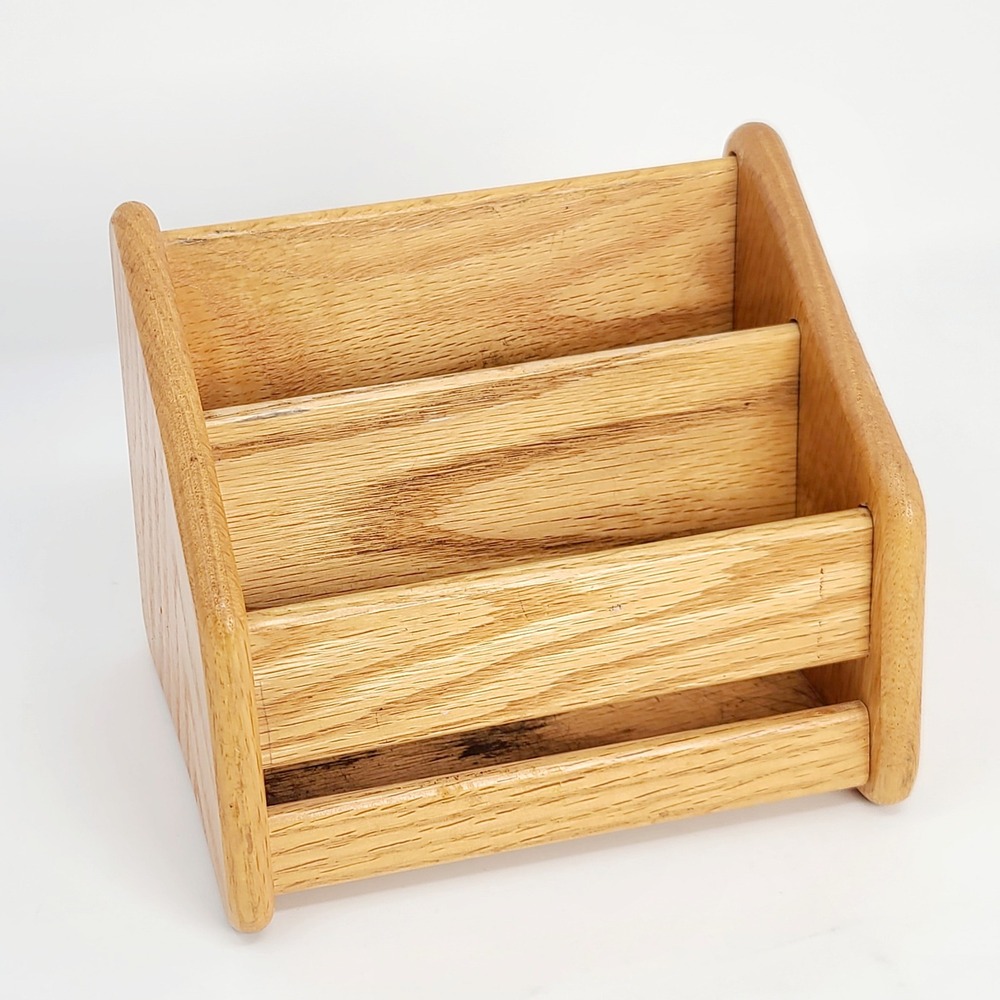 Vintage Solid Oak Wood Mail Sorter Desk Organizer 3 Slot Tiered Brown Good